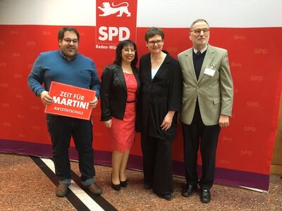 Alexander Maute, Bundestagskandidatin Stella Kirgiane-Efremidou, Landesvorsitzende Leni Breymaier und Michael Femmer